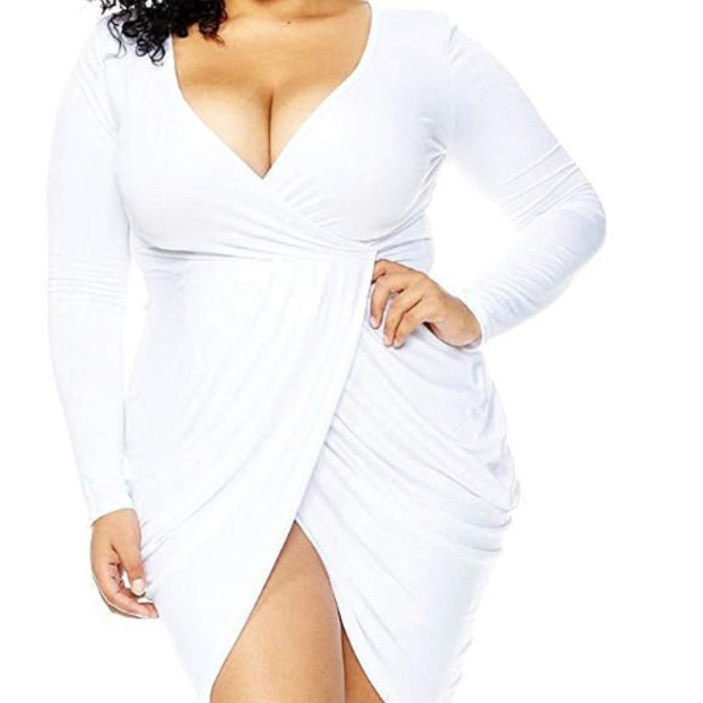 White Deep V Neck Bodycon Wrap Dress with Slit